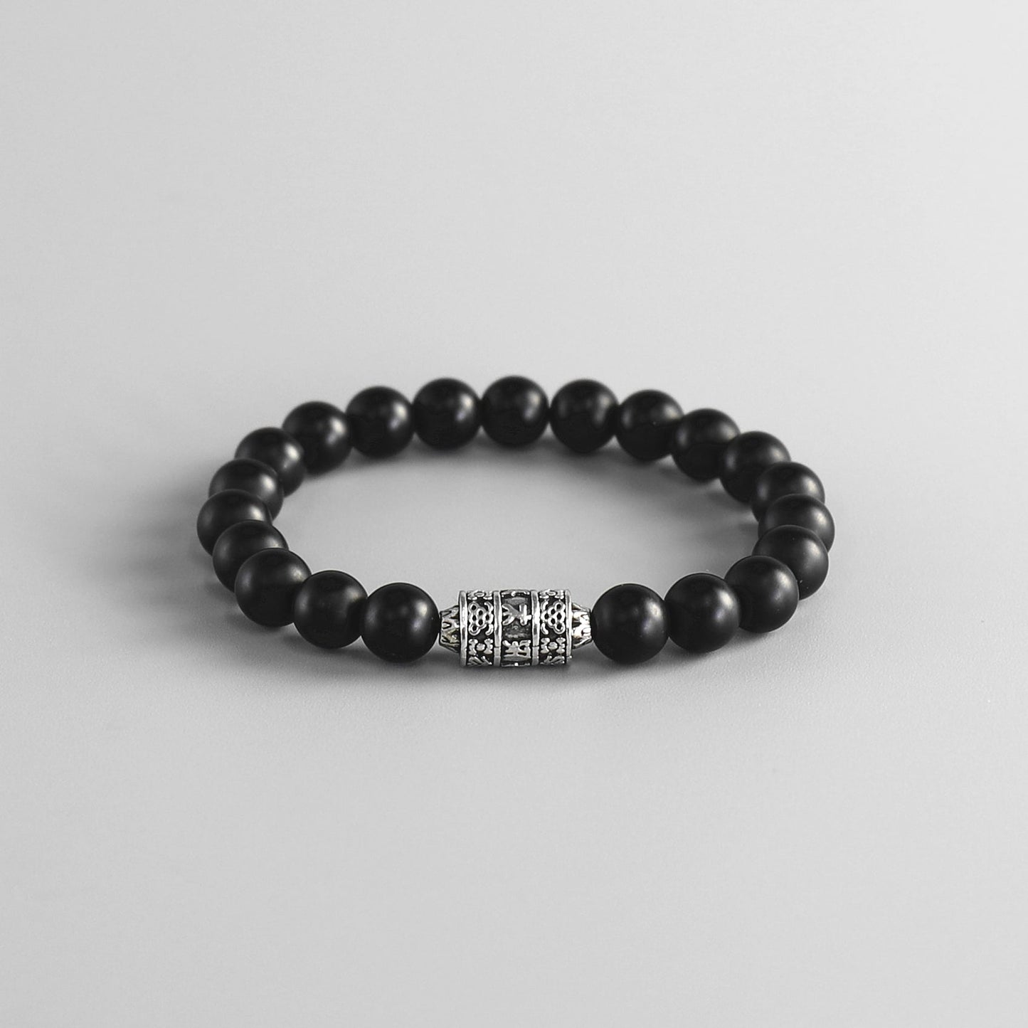 Buddhist Handcrafted Nature Sandalwood Bracelet for "Protection & Courage" - with Prayer Wheel & Healing Black Bead Onyx