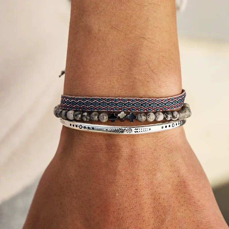Tibetan Steel & Handmade Spirit Bracelet for Divine Love & Compassion
(Beads made with Grey Tiger Eye)