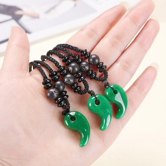 Natural Crystal Gemstone ~ Crescent Magatama Green Chalcedony Pendant w/ Ebony Beads ~ for "Protection, Harmony and Wellbeing"