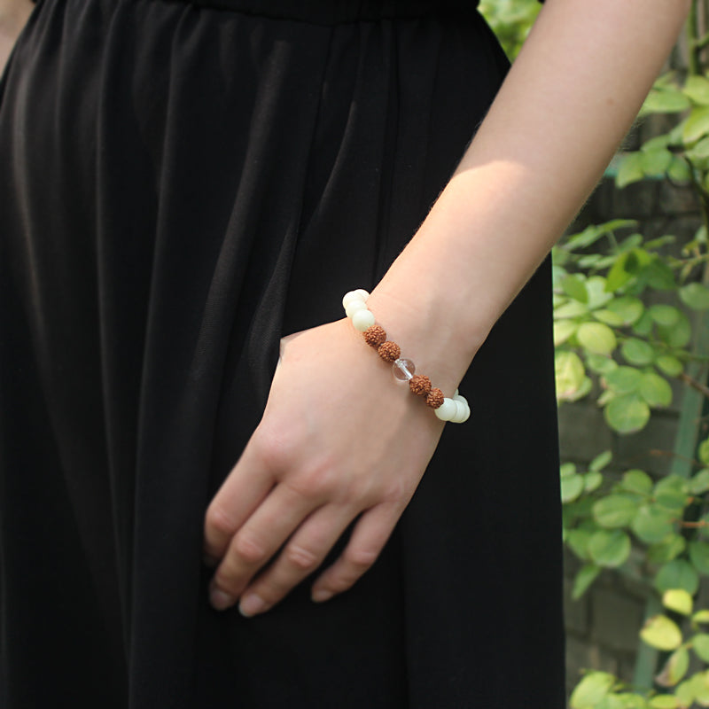 Buddhist Handcrafted Nature Sandalwood Bracelet for "Spirit Awakening" (made with Nature's White Bodhi & Rudraksha Seed)