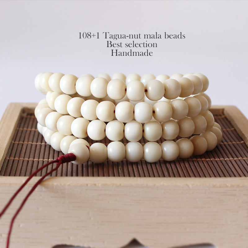 Buddhist Handcrafted Nature Sandalwood for "Preservation & Perseverance" Ivory Beads (made with Bodhi Seed and Tagua Nut)