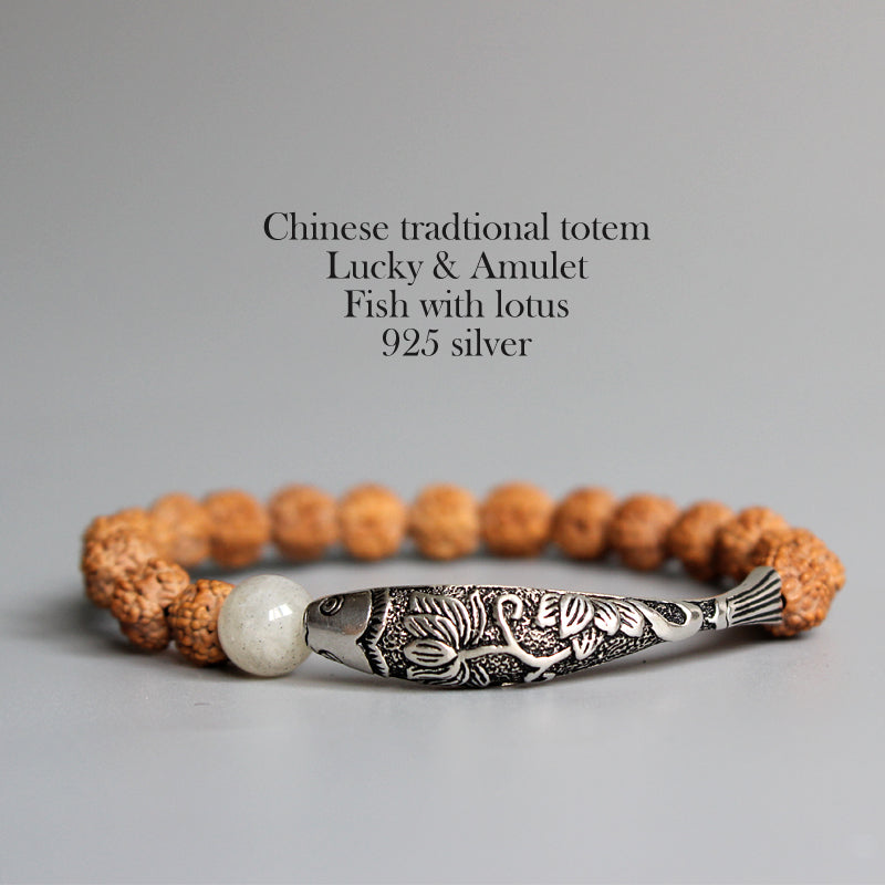 Buddhist Handcrafted Nature Sandalwood Bracelet for "High Energy" (made with Traditional Chinese Fish Lucky Charm & Rudraksha Seeds