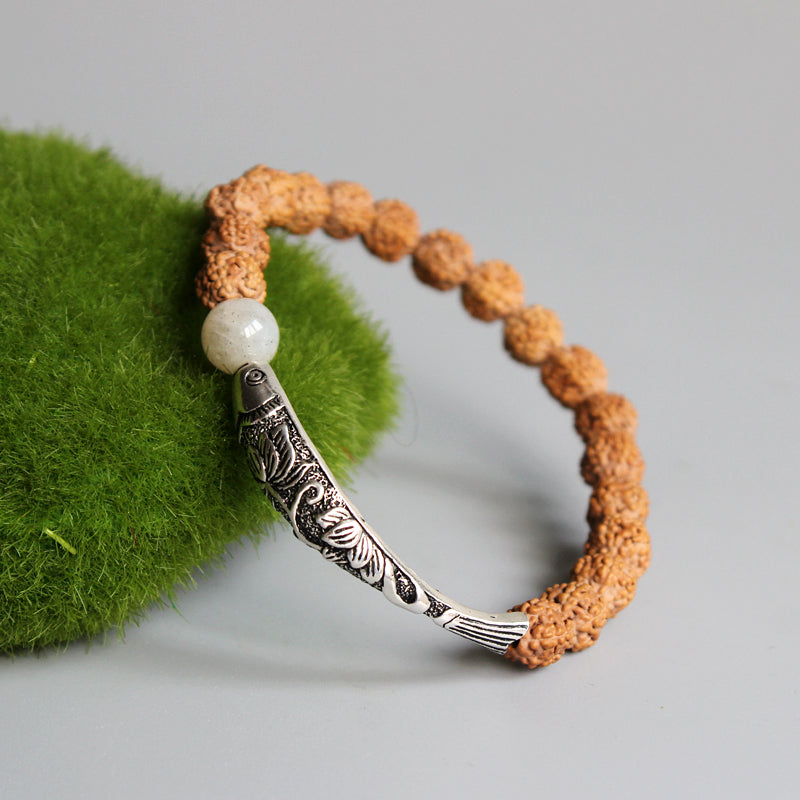 Buddhist Handcrafted Nature Sandalwood Bracelet for "High Energy" (made with Traditional Chinese Fish Lucky Charm & Rudraksha Seeds