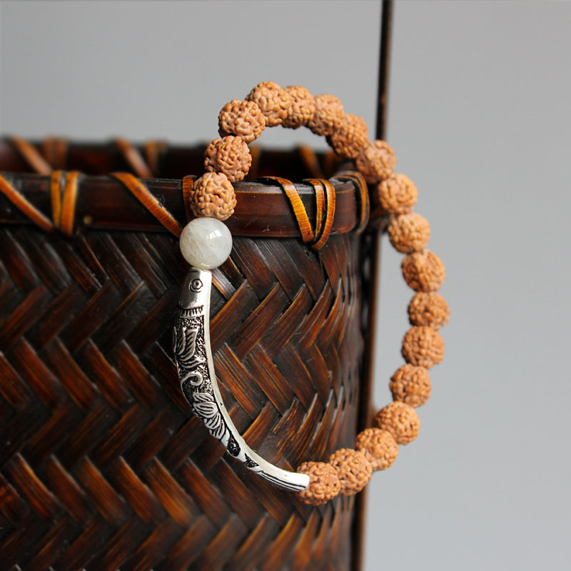 Buddhist Handcrafted Nature Sandalwood Bracelet for "High Energy" (made with Traditional Chinese Fish Lucky Charm & Rudraksha Seeds