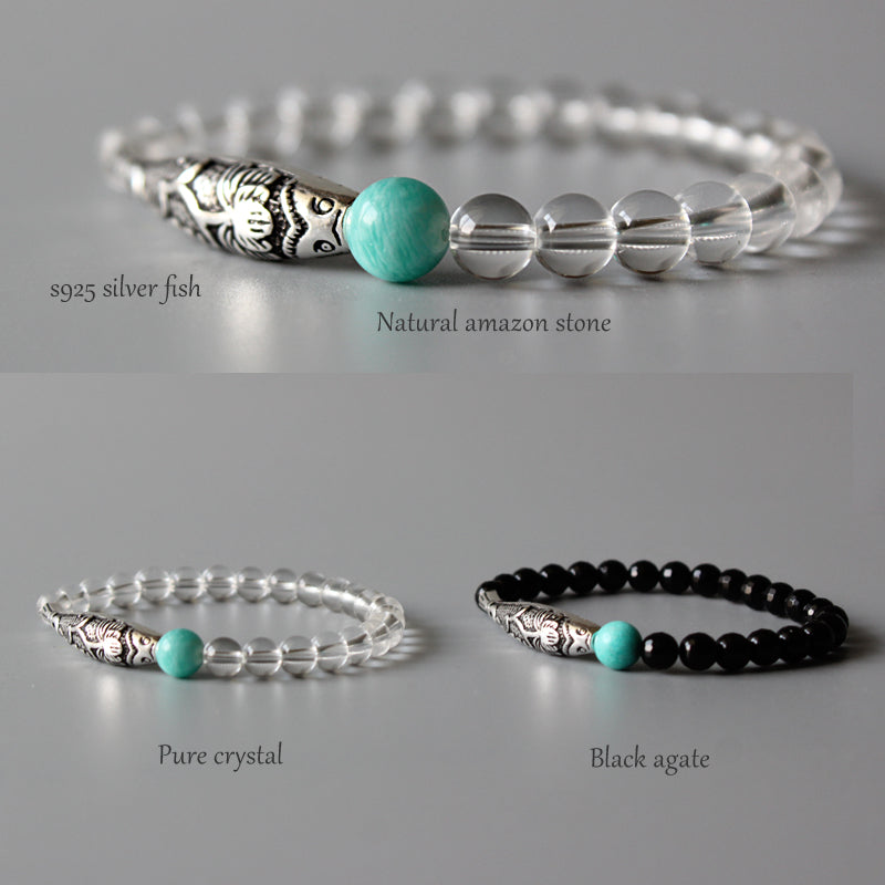 Lucky Fish Charm Bracelet (Pure Quartz, Black Agate, and Natural Amazon Stone)