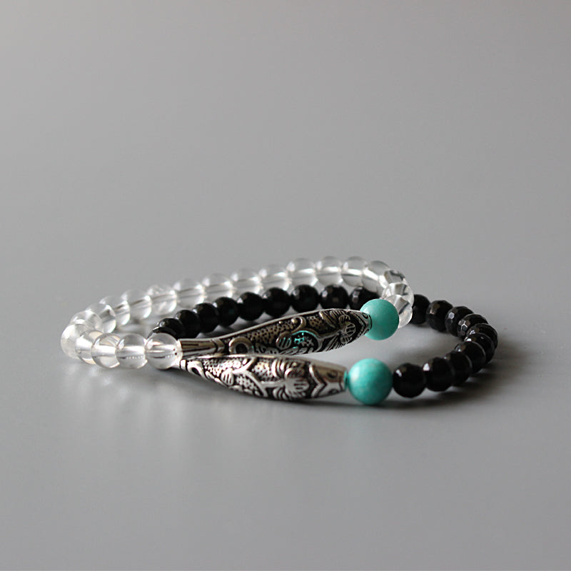 Lucky Fish Charm Bracelet (Pure Quartz, Black Agate, and Natural Amazon Stone)
