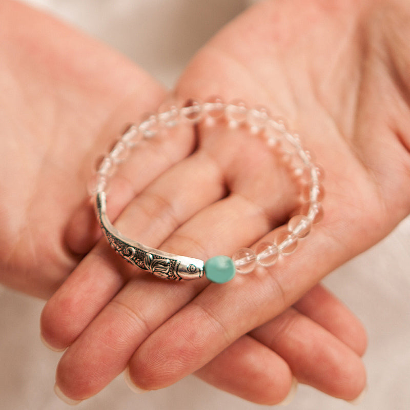 Lucky Fish Charm Bracelet (Pure Quartz, Black Agate, and Natural Amazon Stone)