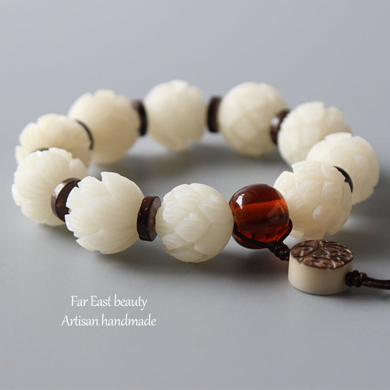 Buddhist Handcrafted Nature Sandalwood White Lotus Bracelet (Bodhi Ivory Seed)