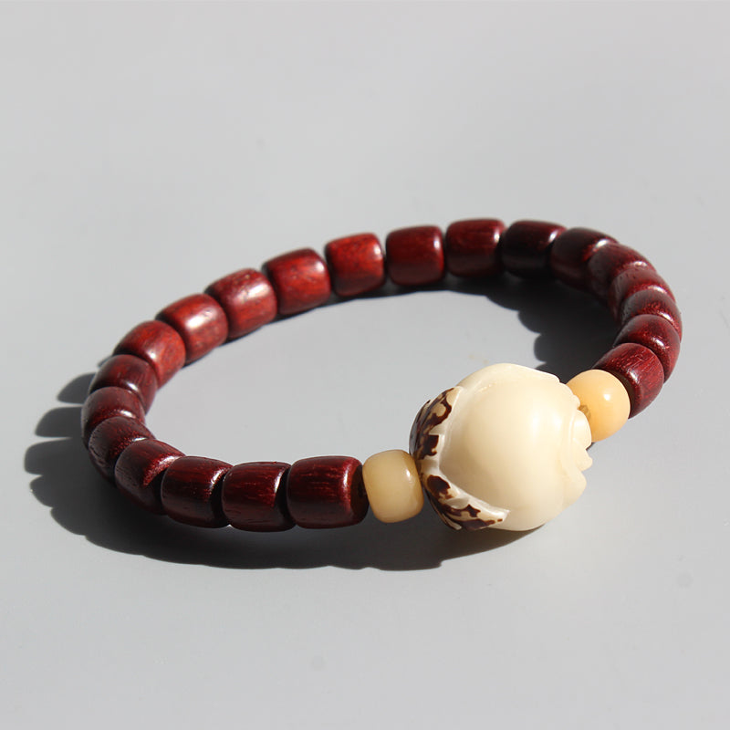 Buddhist Handcrafted Nature Sandalwood Strength & Peace of Mind Bracelet with Carved Rose Charm