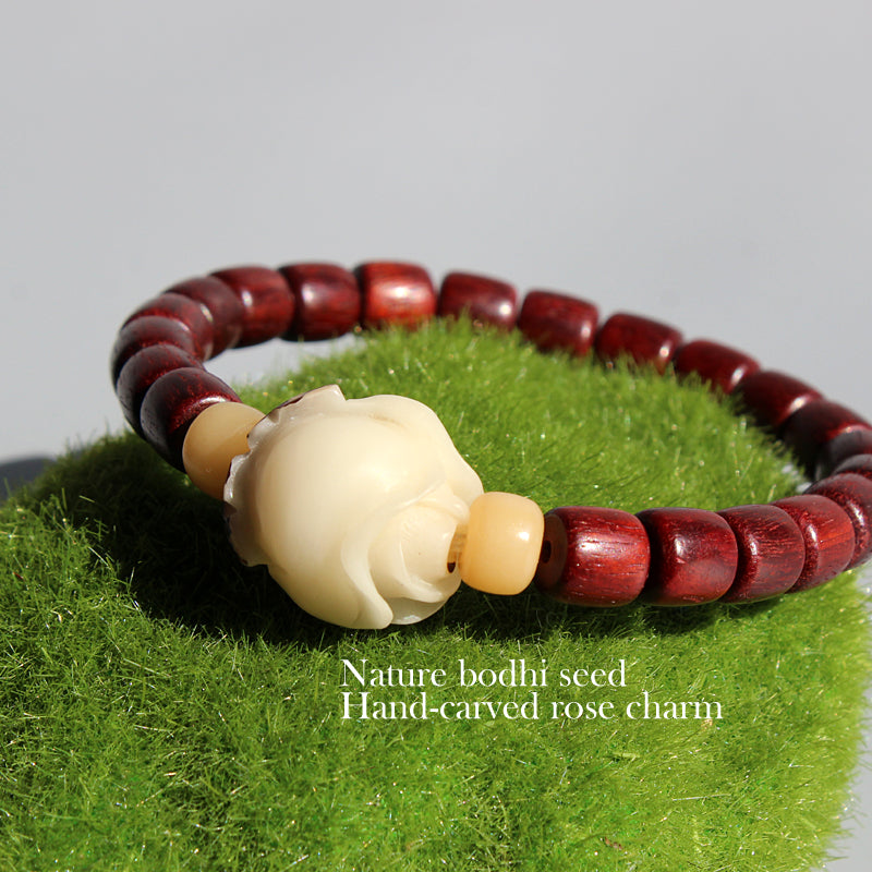 Buddhist Handcrafted Nature Sandalwood Strength & Peace of Mind Bracelet with Carved Rose Charm