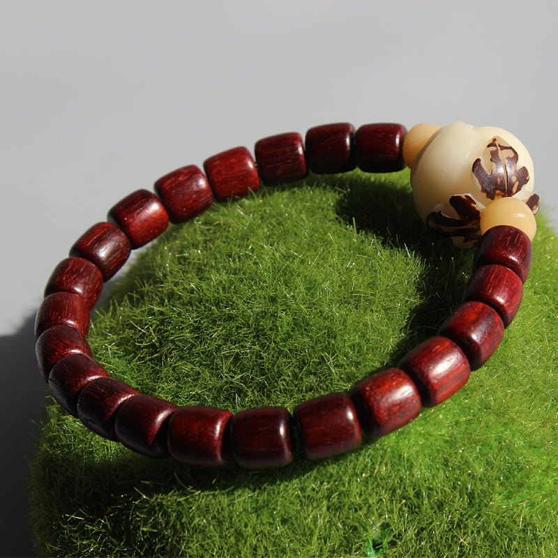 Buddhist Handcrafted Nature Sandalwood Strength & Peace of Mind Bracelet with Carved Rose Charm
