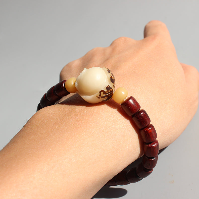 Buddhist Handcrafted Nature Sandalwood Strength & Peace of Mind Bracelet with Carved Rose Charm