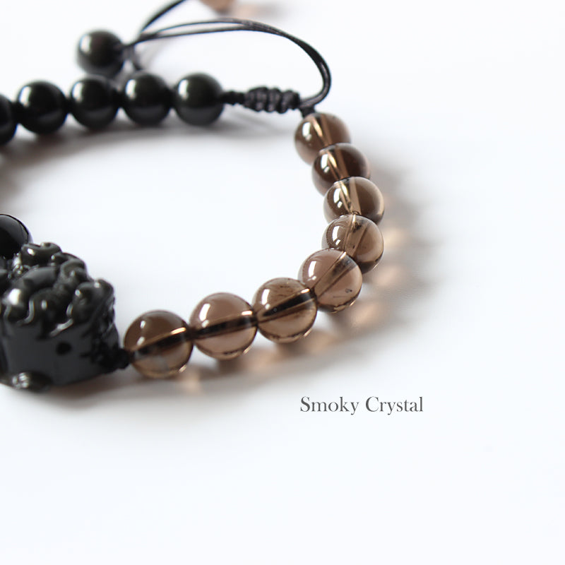 Buddhist Handcrafted Nature Sandalwood Pixiu Dragon Confidence Bracelet - (Black Obsidian & Smoky Crystal)