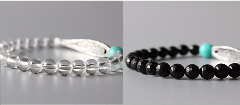 Lucky Fish Charm Bracelet (Pure Quartz, Black Agate, and Natural Amazon Stone)