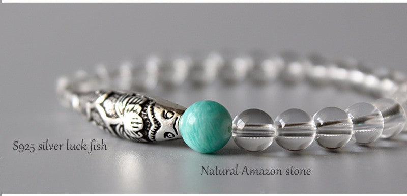 Lucky Fish Charm Bracelet (Pure Quartz, Black Agate, and Natural Amazon Stone)