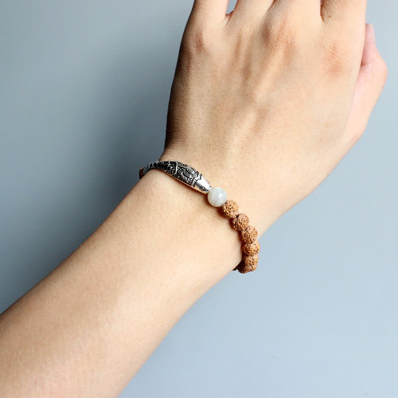 Buddhist Handcrafted Nature Sandalwood Bracelet for "High Energy" (made with Traditional Chinese Fish Lucky Charm & Rudraksha Seeds