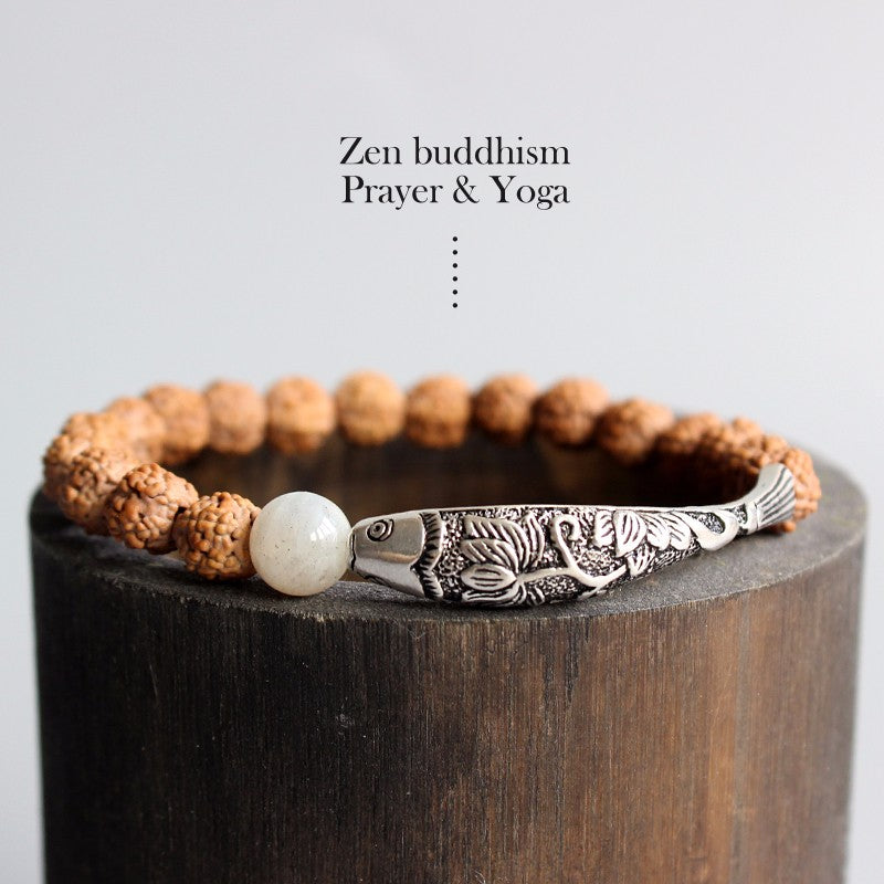 Buddhist Handcrafted Nature Sandalwood Bracelet for "High Energy" (made with Traditional Chinese Fish Lucky Charm & Rudraksha Seeds