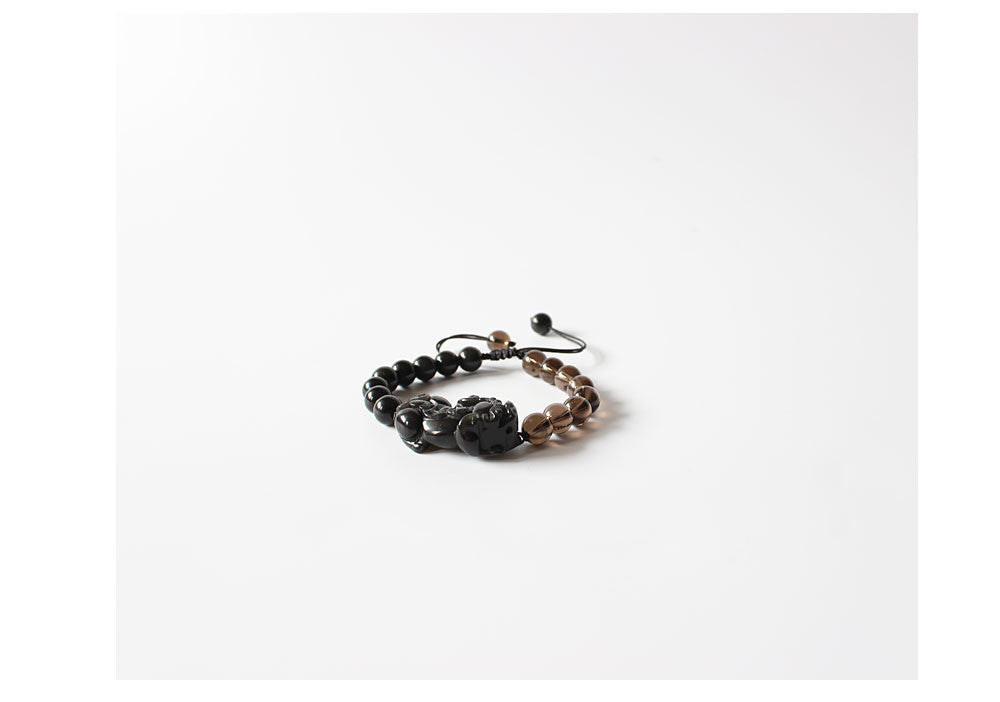 Buddhist Handcrafted Nature Sandalwood Pixiu Dragon Confidence Bracelet - (Black Obsidian & Smoky Crystal)