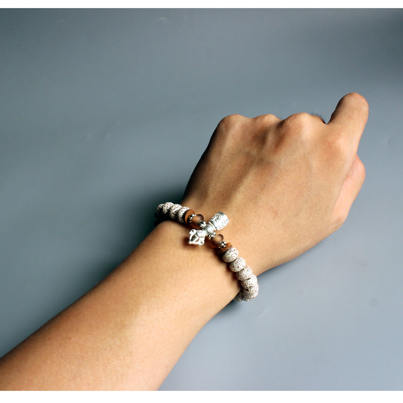 Buddhist Handcrafted Nature Sandalwood Vajra Bracelet (Bodhi Ivory Seeds)