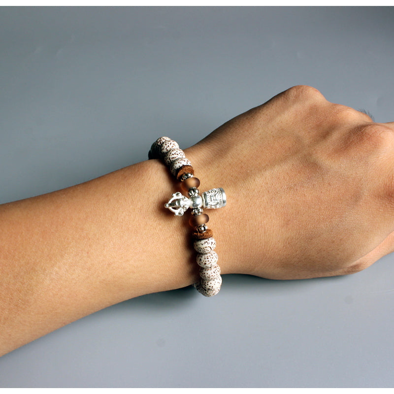 Buddhist Handcrafted Nature Sandalwood Vajra Bracelet (Bodhi Ivory Seeds)