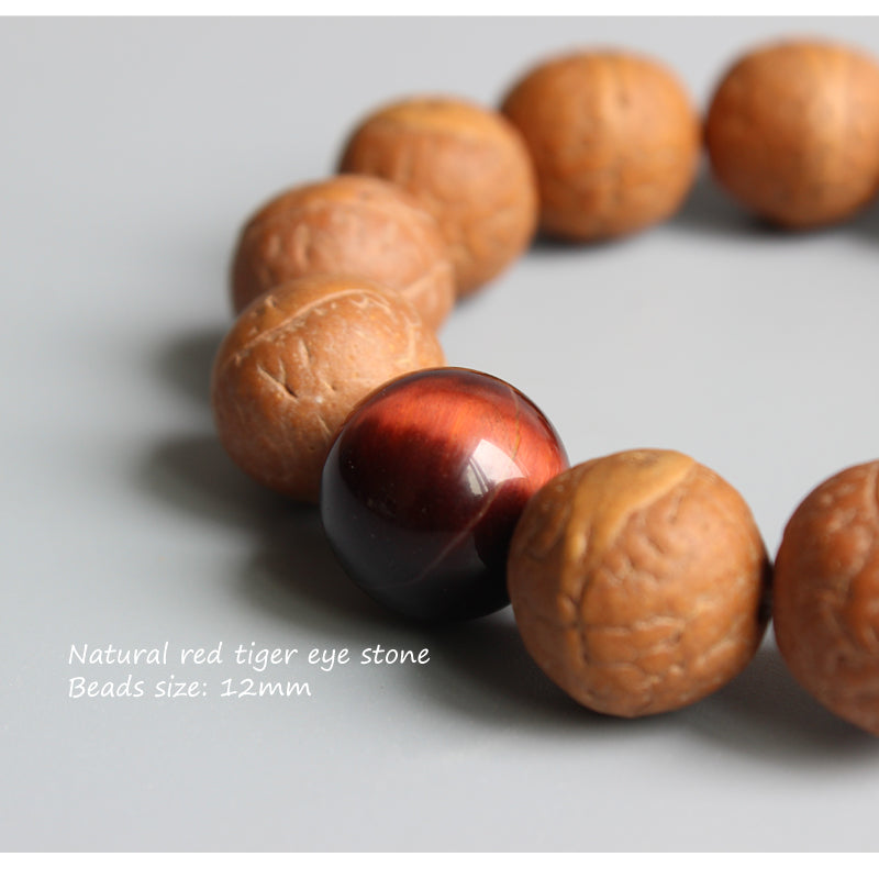 Buddhist Handcrafted Nature Sandalwood Bracelet for "Positivity" (made with Tiger Eye Stone & Organic Bodhi Seeds)