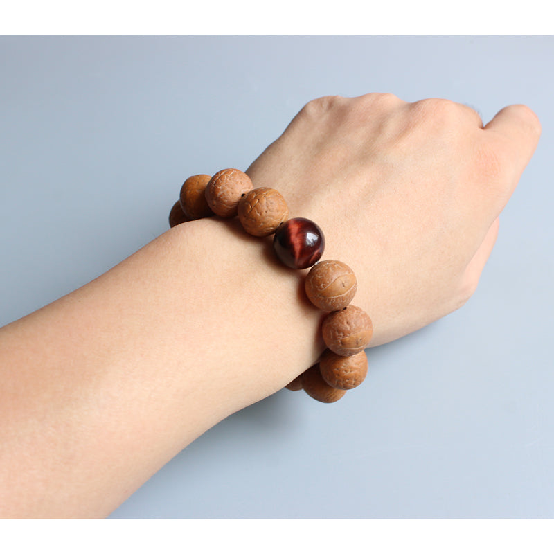 Buddhist Handcrafted Nature Sandalwood Bracelet for "Positivity" (made with Tiger Eye Stone & Organic Bodhi Seeds)