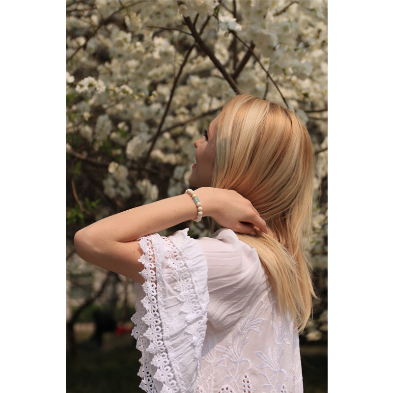 Buddhist Handcrafted Nature Sandalwood Bracelet - "Mother of Pearl" (made with White Ocean Bodhi Seeds)