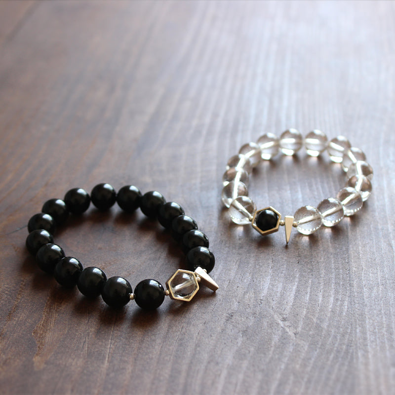 Buddhist Handcrafted Nature Sandalwood Bracelet for "Couples" - Black Obsidian & Pure Crystal Beads Couple (Pure Quartz and Natural Obsidian)