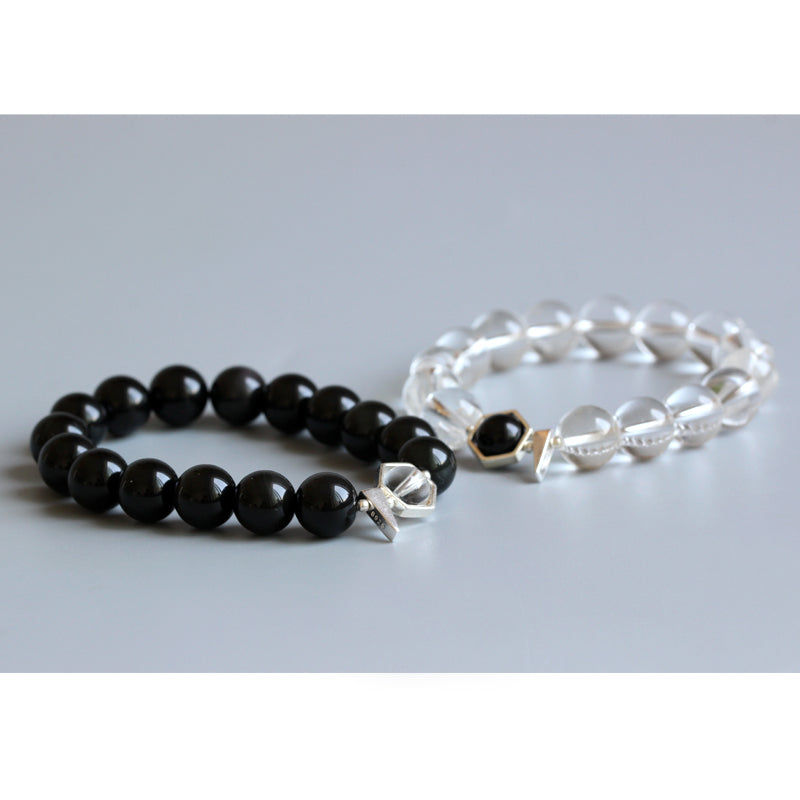 Buddhist Handcrafted Nature Sandalwood Bracelet for "Couples" - Black Obsidian & Pure Crystal Beads Couple (Pure Quartz and Natural Obsidian)