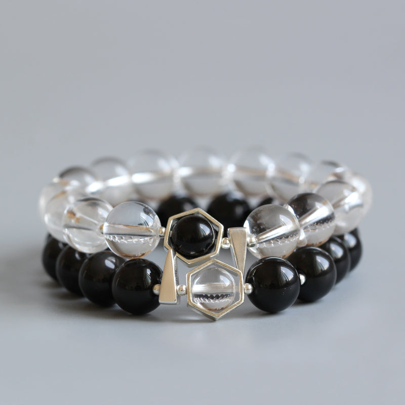 Buddhist Handcrafted Nature Sandalwood Bracelet for "Couples" - Black Obsidian & Pure Crystal Beads Couple (Pure Quartz and Natural Obsidian)