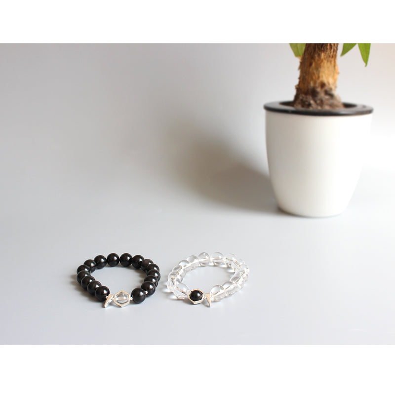 Buddhist Handcrafted Nature Sandalwood Bracelet for "Couples" - Black Obsidian & Pure Crystal Beads Couple (Pure Quartz and Natural Obsidian)