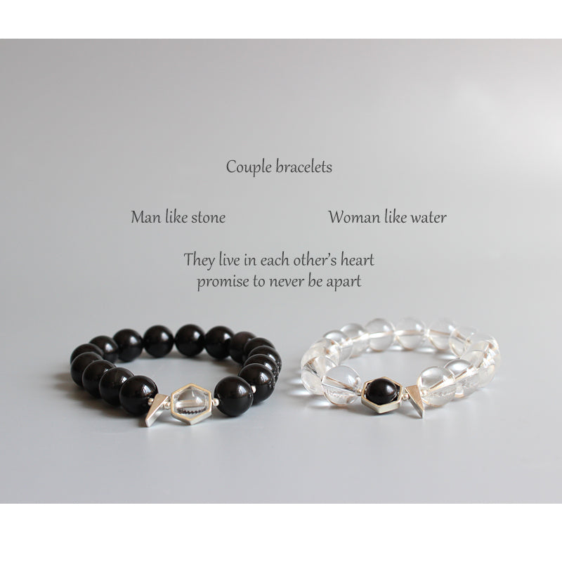 Buddhist Handcrafted Nature Sandalwood Bracelet for "Couples" - Black Obsidian & Pure Crystal Beads Couple (Pure Quartz and Natural Obsidian)