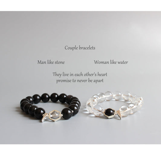 Buddhist Handcrafted Nature Sandalwood Bracelet for "Couples" - Black Obsidian & Pure Crystal Beads Couple (Pure Quartz and Natural Obsidian)