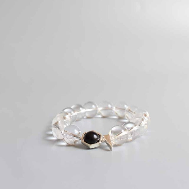 Buddhist Handcrafted Nature Sandalwood Bracelet for "Couples" - Black Obsidian & Pure Crystal Beads Couple (Pure Quartz and Natural Obsidian)