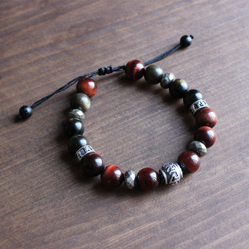 Buddhist Handcrafted Nature Sandalwood Balance Bracelet (Obsidian and Tiger Eye Stone)