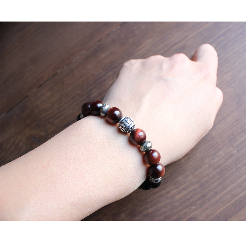 Buddhist Handcrafted Nature Sandalwood Balance Bracelet (Obsidian and Tiger Eye Stone)