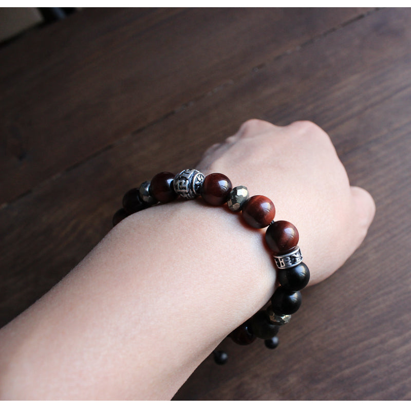Buddhist Handcrafted Nature Sandalwood Balance Bracelet (Obsidian and Tiger Eye Stone)
