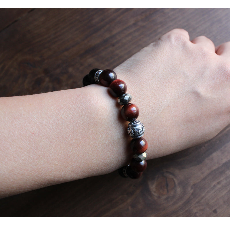 Buddhist Handcrafted Nature Sandalwood Balance Bracelet (Obsidian and Tiger Eye Stone)