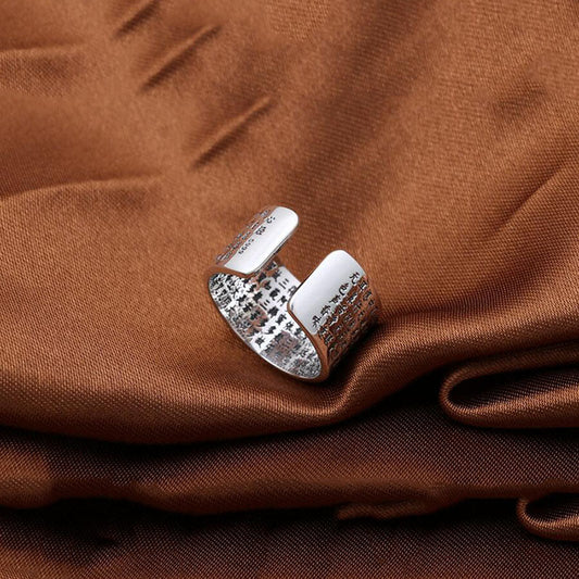 Open Ring of Simplicity and Elegance with Heart Sutra Engraving (Silver)