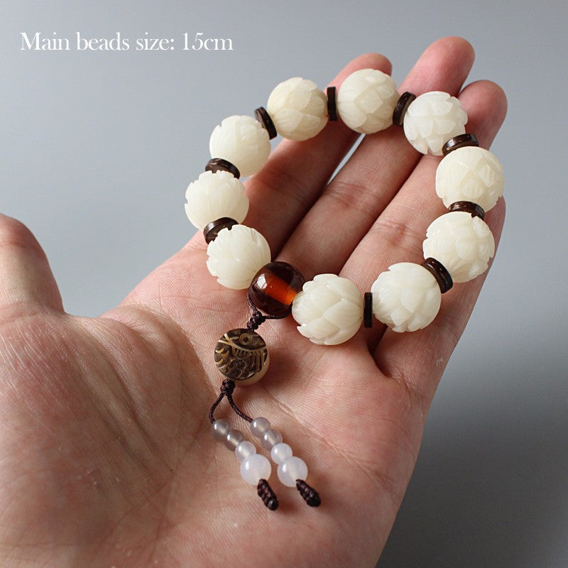 Buddhist Handcrafted Nature Sandalwood White Lotus Bracelet (Bodhi Ivory Seed)