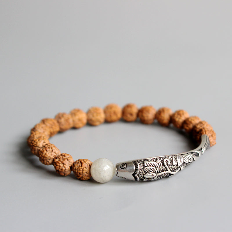 Buddhist Handcrafted Nature Sandalwood Bracelet for "High Energy" (made with Traditional Chinese Fish Lucky Charm & Rudraksha Seeds