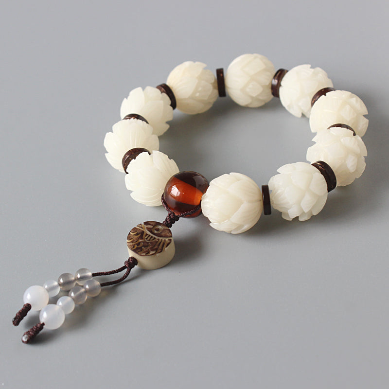 Buddhist Handcrafted Nature Sandalwood White Lotus Bracelet (Bodhi Ivory Seed)