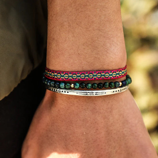 Tibetan Steel & Handmade Spirit Bracelet for "Gratitude & Daily Blessings"  (Beads made with Natural Lapis Lazuli)