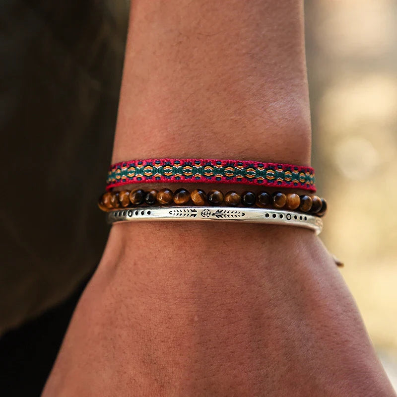 Tibetan Steel & Handmade Spirit Bracelet for "Emotional Balance & Strength" (Beads made with Natural Tiger Eye)