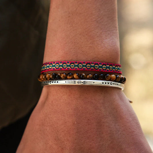 Tibetan Steel & Handmade Spirit Bracelet for "Emotional Balance & Strength" (Beads made with Natural Tiger Eye)