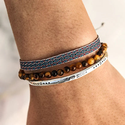 Tibetan Steel & Handmade Spirit Bracelet for "Wisdom Through Life’s Lessons"(Beads made of Bohemian Brown Tiger Eye Stone)