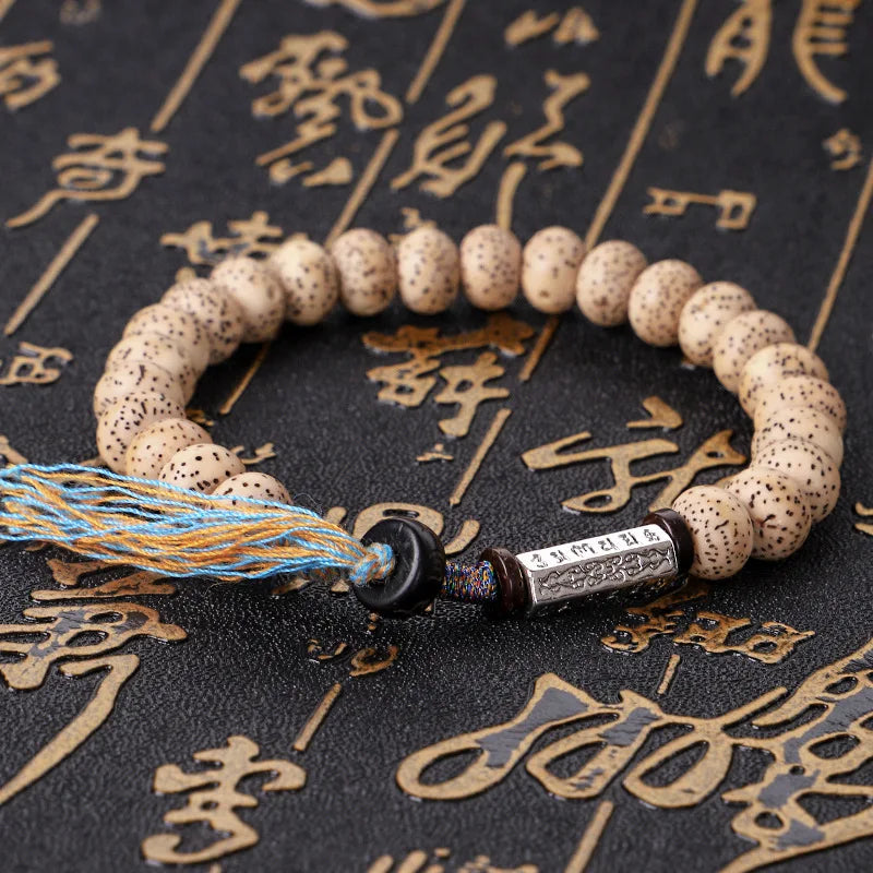 Handmade Tibetan Blessed Knots for " Protection from Negativity & Health" (One made of Bodhi Beads Weaving Six-character Proverb Amulet)