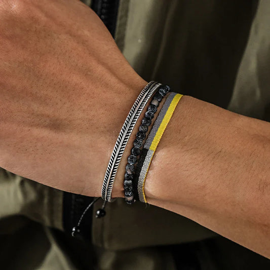 Tibetan Steel & Handmade Spirit Bracelet for "Mindful Presence" (Beads made of Natural Weathered Lava Stone)