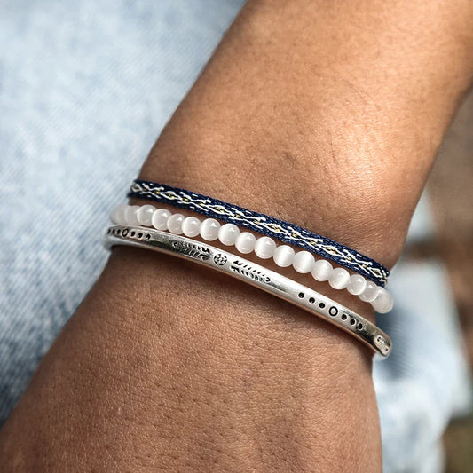 Tibetan Steel & Handmade Spirit Bracelet for "Boundaries & Self-Worth" (Beaded Stone made with Natural Stone White Cat Eye)