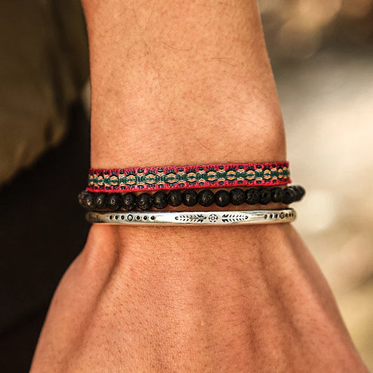 Tibetan Steel & Handmade Spirit Bracelet for "Vibrational Uplift & Healing" (Beads made with Lava Stone)